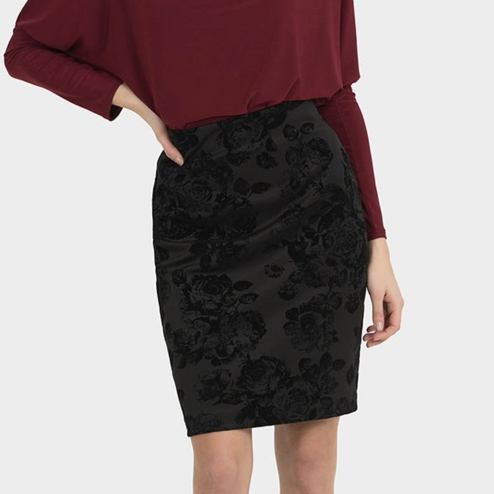Joseph Ribkoff Black Flocked Floral Pencil Skirt Sexy Stretch Siren Glam Chic 8